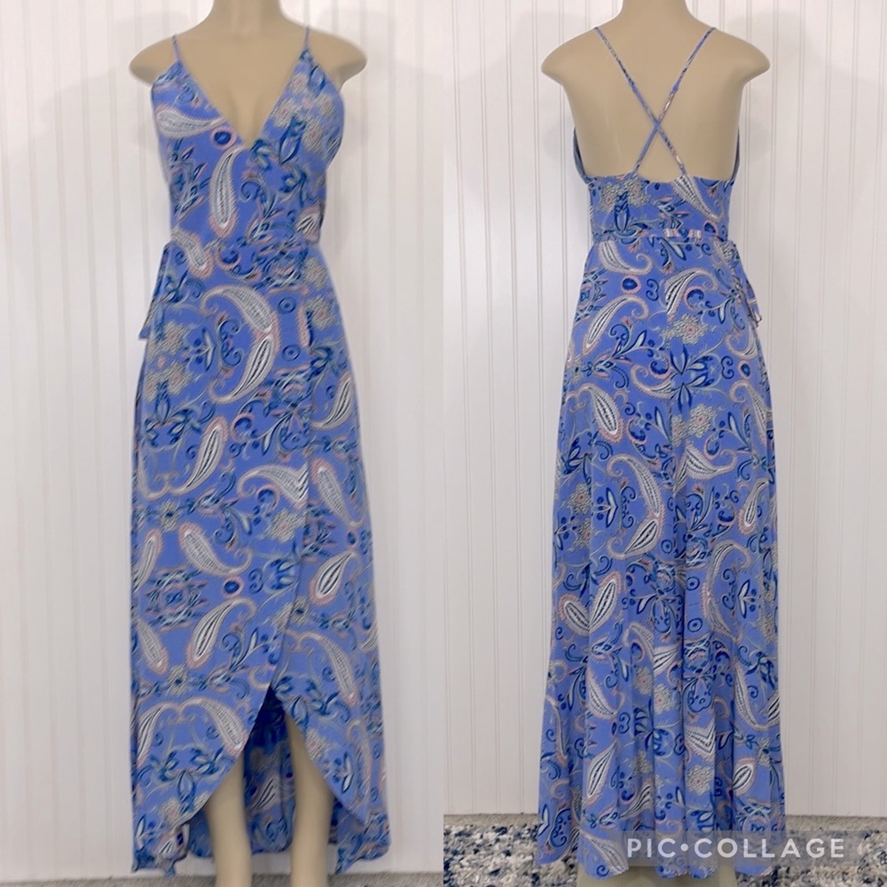 Yumi Kim 100% Silk Boho Blue Paisley Maxi Wrap Dress Deep V-Neck Small